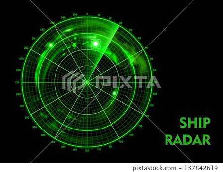 Ship radar screen display with area map, nautical sonar monitor. Futuristic green screen displaying critical maritime navigation data. Circular vector ship radar for naval simulation game 137842619