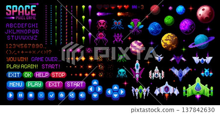 8 bit pixel galaxy space arcade video game interface and GUI elements, vector icons. 8bit pixel space game planets, galaxy alien monsters and rocket shoot with menu buttons of controls and navigation 8 bit pixel galaxy space arcade video game interface and GUI elements, vector icons. 8bit pixel space game planets, galaxy alien monsters and rocket shoot with menu buttons of controls and navigation 137842630