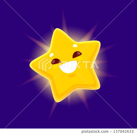 Cartoon funny weather character of star with happy twinkle face, vector icon. Weather character or star emoji and night sky emoticon with shiny cheerful smile for kids or children kindergarten design 137842633