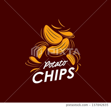 Crispy fried potato chips icon for salted snack symbol, vector package design. Yellow gold crunchy rippled wavy potato chips splash with salty taste flavor for potato chips food product pack label Crispy fried potato chips icon for salted snack symbol, vector package design. Yellow gold crunchy rippled wavy potato chips splash with salty taste flavor for potato chips food product pack label 137842635