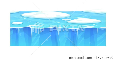 Game ground soil layers of ice and water. Cartoon vector section of soil layers, featuring water with snowy patches. Horizontal surface for game environments, adventure maps, platformer landscapes Game ground soil layers of ice and water. Cartoon vector section of soil layers, featuring water with snowy patches. Horizontal surface for game environments, adventure maps, platformer landscapes 137842640