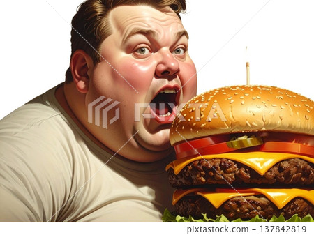 一個胖男人在吃一個特大號漢堡 137842819