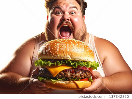 一個胖男人在吃一個特大號漢堡 137842820