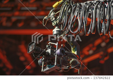 Professional Cinema Camera on Robotic Crane Jib at Concert Stage with copy space 137842822