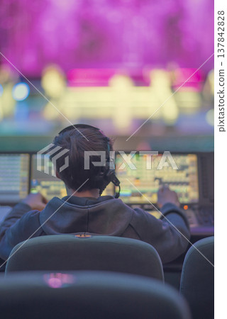 Professional Light and Sound Technician Operating Control Console at Concert with copy space Professional Light and Sound Technician Operating Control Console at Concert with copy space 137842828
