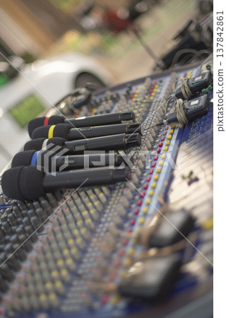 Professional Audio Equipment for Outdoor Event with Microphones and Mixer with copy space 137842861