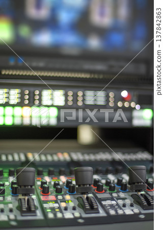 High-Tech Video Production Control Panel with Joysticks and Bokeh Lights with copy space 137842863