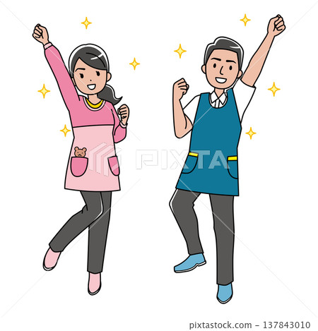 A color illustration of cheerful foreign men and women wearing aprons. 137843010