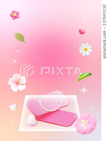 Spring Floral Blank Coupon Gift Box Template Pink Pastel 3D Illustration for Promos 137843130