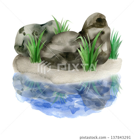 A hand drawn watercolor illustration of a small island with dark grey boulders and green grass, perfectly reflected in the blue water below. A serene landscape element. A hand drawn watercolor illustration of a small island with dark grey boulders and green grass, perfectly reflected in the blue water below. A serene landscape element. 137843291
