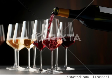 Red Wine Pouring Into Glass Among Row Red Wine Pouring Into Glass Among Row 137843331