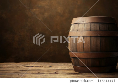 Unique Wooden Wine Barrel on Rustic Wooden Surface With Ample Copy Space Unique Wooden Wine Barrel on Rustic Wooden Surface With Ample Copy Space 137843351
