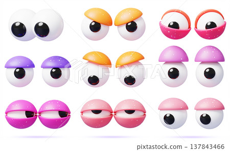 3d cartoon googly eyes set with color eyelids and pupils for character animation. Funny eyeballs, playful exaggerated look up, down, squinty, wide, surprise, angry, sleepy expressions. 3D illustration 137843466