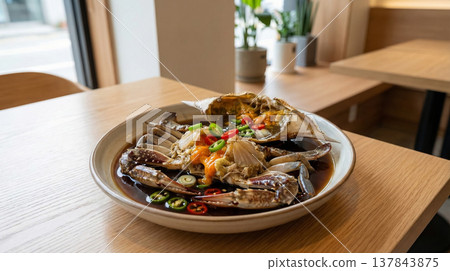 Soy Sauce Marinated Crab On Wooden Table Restaurant Setting Soy Sauce Marinated Crab On Wooden Table Restaurant Setting 137843875