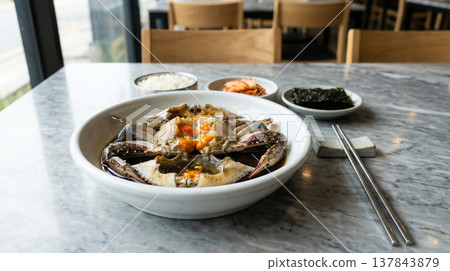 Soy Sauce Marinated Crab On Marble Table With Side Dishes Soy Sauce Marinated Crab On Marble Table With Side Dishes 137843879