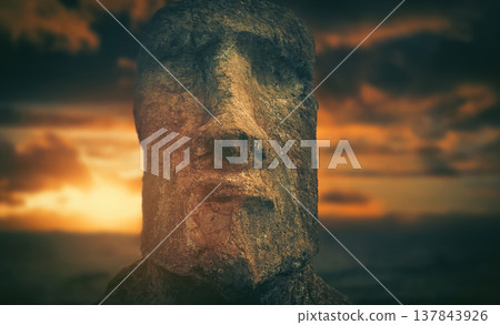 Ancient Moai statue face close up on Easter Island with sunset sky and copy space Ancient Moai statue face close up on Easter Island with sunset sky and copy space 137843926
