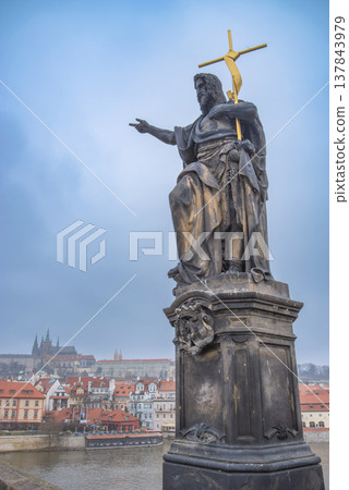 statues on the Charles Bridge, evening Prague. Czech Republic 137843979