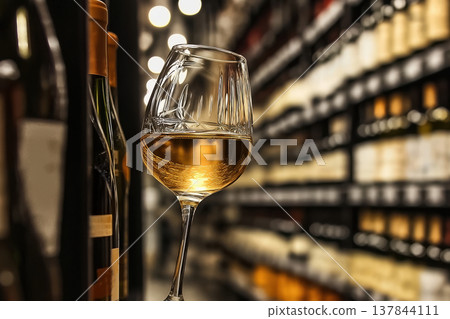 Golden white wine glass in bottle aisle 137844111