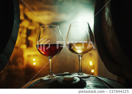 Two Wine Glasses On Barrel In Wine Cave Two Wine Glasses On Barrel In Wine Cave 137844225
