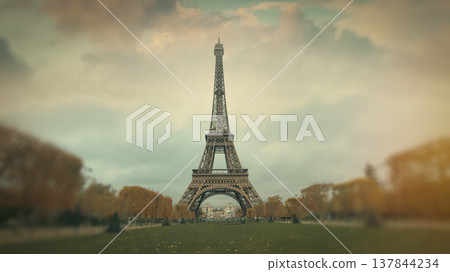 Eiffel Tower in autumn Paris with golden trees and copy space 137844234