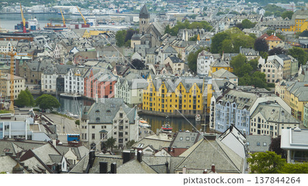 Panoramic view of Alesund Art Nouveau architecture and canal in Norway with copy space 137844264