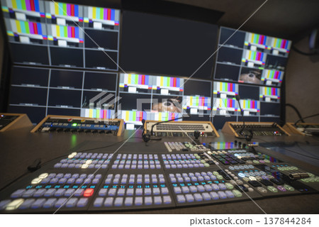 Modern television control room switcher with monitors and copy space Modern television control room switcher with monitors and copy space 137844284