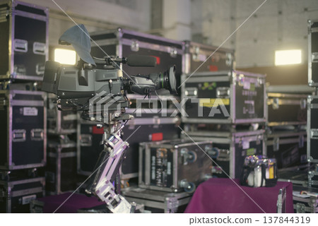 Professional Steadicam Rig with Cinema Camera and Cap Backstage with copy space 137844319