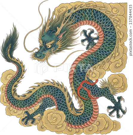 一條青綠色的巨龍，披著金色的雲朵，氣勢磅礴地翱翔天際－－這是日本傳統的吉祥形象。 137844435
