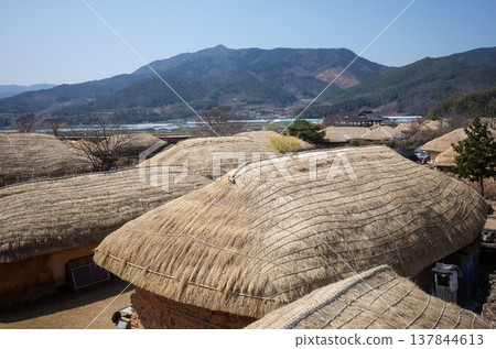 Thatched roof texture of traditional Korean houses 137844613