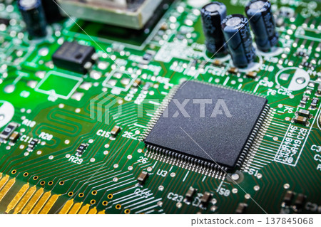 Closeup of Chips on boards of computer and smart devices Processing phone. Select focus and Copy space background 137845068