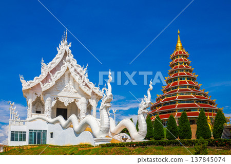 Landscape of Wat Huay Pla Kang, Chinese temple with blue sky background in Chiang Rai Thailand, This is the most popular and famous temple landmark in Chiang Rai. Landscape of Wat Huay Pla Kang, Chinese temple with blue sky background in Chiang Rai Thailand, This is the most popular and famous temple landmark in Chiang Rai. 137845074