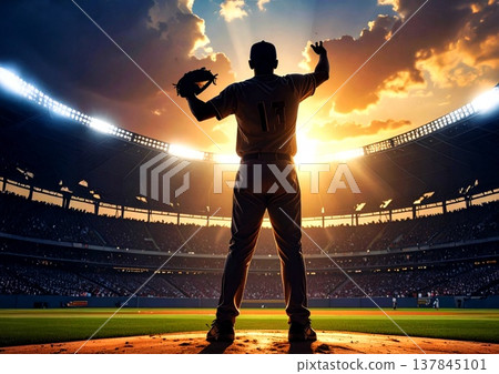 Silhouette illustration of a baseball player standing on the pitcher's mound in a baseball stadium. 137845101