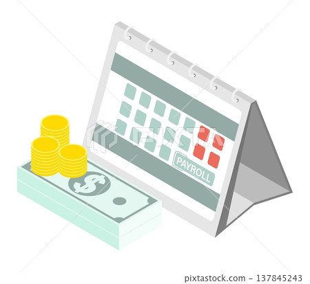 Isometric day of receipt and accrual of wages for time worked. Isolated cartoon vector concept on white background top view Isometric day of receipt and accrual of wages for time worked. Isolated cartoon vector concept on white background top view 137845243