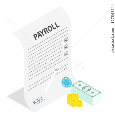 Isometric signing the payroll and receiving wages. Isolated cartoon vector concept on white background top view Isometric signing the payroll and receiving wages. Isolated cartoon vector concept on white background top view 137845244