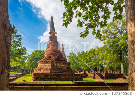 Landmark of old chedi made of ancient bricks in the Kamphaeng Phet Historical Park, Thailand. Landmark of old chedi made of ancient bricks in the Kamphaeng Phet Historical Park, Thailand. 137845508