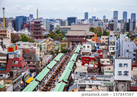 Asakusa, Tokyo, Japan - November 13, 2023 : Top view of Sensoji Temple and Asakusa area city landmark, symbolized by large red lanterns, are a popular destination. 137845567