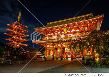 Asakusa, Tokyo, Japan - November 13, 2023 : Nighttime tourists and pilgrims at Sensoji Temple, symbolized by large red lanterns with light, are a popular destination. 137845569
