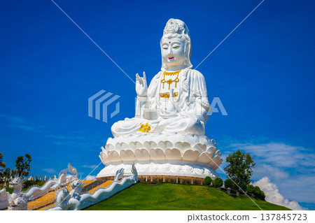 Landscape of Wat Huay Pla Kung temple Statue of Guan Yin travel destination the famous place religious attractions of Chiang Rai province, Northern of Thailand. 137845723