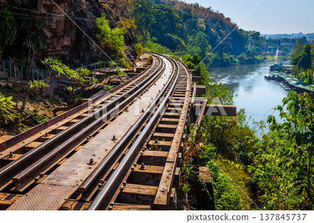 The Death Railway crossing kwai river in Kanchanaburi Thailand. Important landmark and destination to visiting and world war II history builted 137845737
