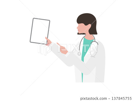 女醫生手持平板電腦的向量插圖。 女醫生手持平板電腦的向量插圖。 137845755