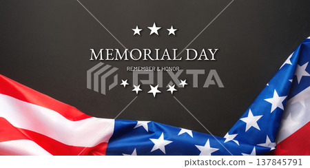 Black background with American flag. Memorial day. Website banner and greeting card design template. 137845791