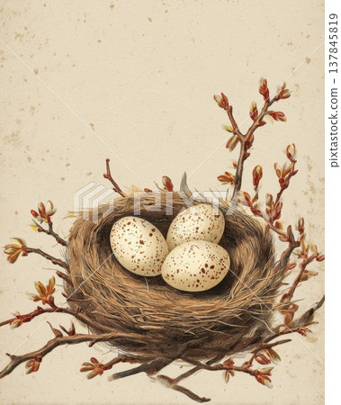 Bird nest with speckled eggs botanical vintage spring natural illustration 137845819