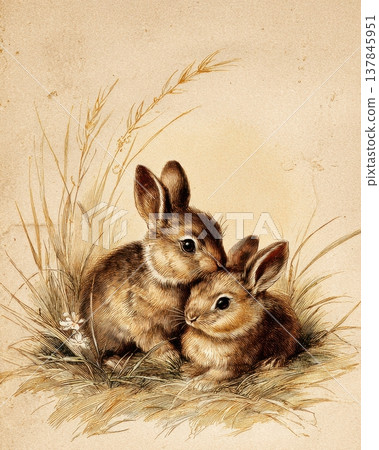 Two cute bunnies cuddling vintage rustic soft animal illustration artwork 137845951