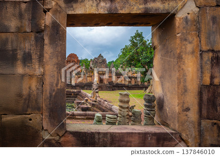 Fantastic archaeological site Prasat Muang Tam or Muang Tam castle near Prasat Phanomrung Historical Park at Buriram in Thailand. 137846010