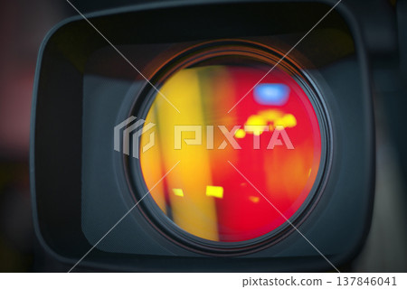 Macro of Professional Video Camera Lens with Bright Studio Reflections with copy space Macro of Professional Video Camera Lens with Bright Studio Reflections with copy space 137846041