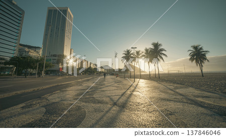Sunrise at Copacabana Beach with Luxury Hotels and Wave Sidewalk with copy space 137846046