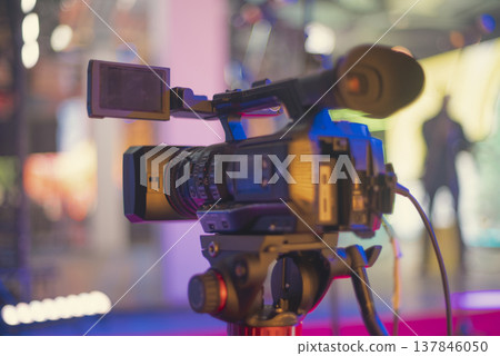 Professional Video Camera on Tripod Recording Live Show with Copy Space 137846050
