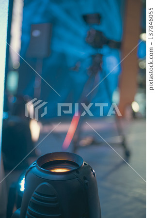 Stage Lighting and Professional Video Camera in Backstage with Copy Space 137846055