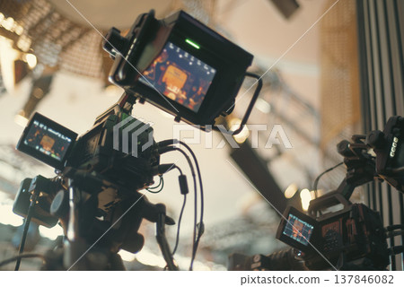 Professional Broadcast TV Cameras in Studio Recording Live Show with Copy Space Professional Broadcast TV Cameras in Studio Recording Live Show with Copy Space 137846082