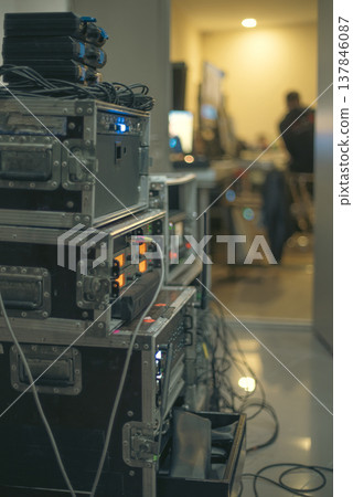 Professional Sound Audio Rack Equipment in Flight Cases with Copy Space Professional Sound Audio Rack Equipment in Flight Cases with Copy Space 137846087